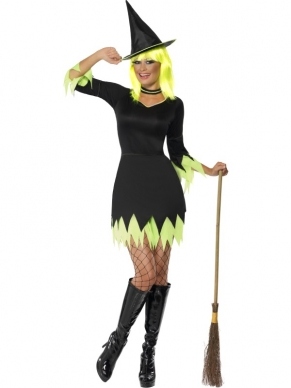 Zwart Groene Heksen Halloween Verkleedkleding. Inbegrepen is de heksenjurk, halsband en de heksenhoed. 