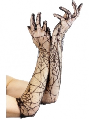 Zwarte Lange Kanten Handschoenen met Spinnenweb Print - 53 cm lang.