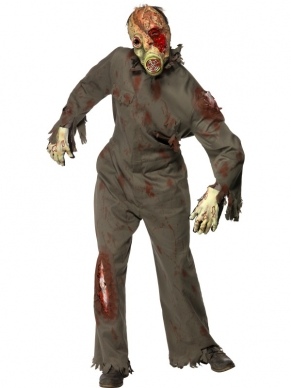 Zombie Gas Masker Heren Halloween Kostuum. Inbegrepen is het gescheurde jumpsuit met bloedvlekken, de handschoenen en gasmasker. We verkopen nog veel meer horror Halloween kostuums en accessoires.