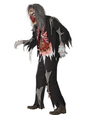 Verrotte Zombie Horror Halloween Kostuum. Inbegrepen is het horror shirt met open borstkast en bloed, de zombie broek met scheuren en bloedvlekken, de handschoenen en het enge zombie masker. 