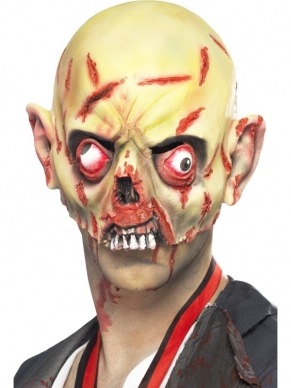 Zombie Masker met Wonden. Latex Masker (half masker dus u kunt nog makkelijk eten en drinken) met wonden en afgerukte neus. 