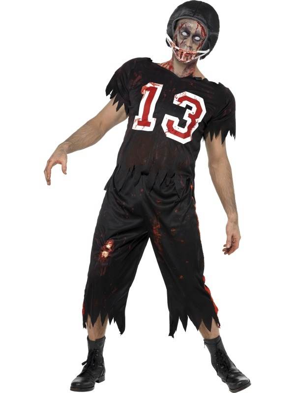High School Horror Zombie American Footballer Kostuum, bestaande uit het footballers kostuum met top en broek en help. Gescheurd en met bloedvlekken. We verkopen schmink en zombie contactlenzen los.