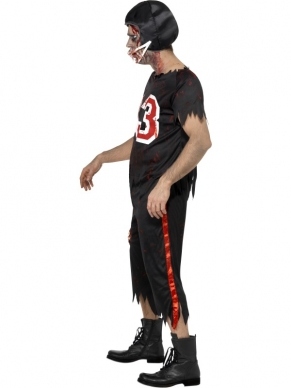 High School Horror Zombie American Footballer Kostuum, bestaande uit het footballers kostuum met top en broek en help. Gescheurd en met bloedvlekken. We verkopen schmink en zombie contactlenzen los.