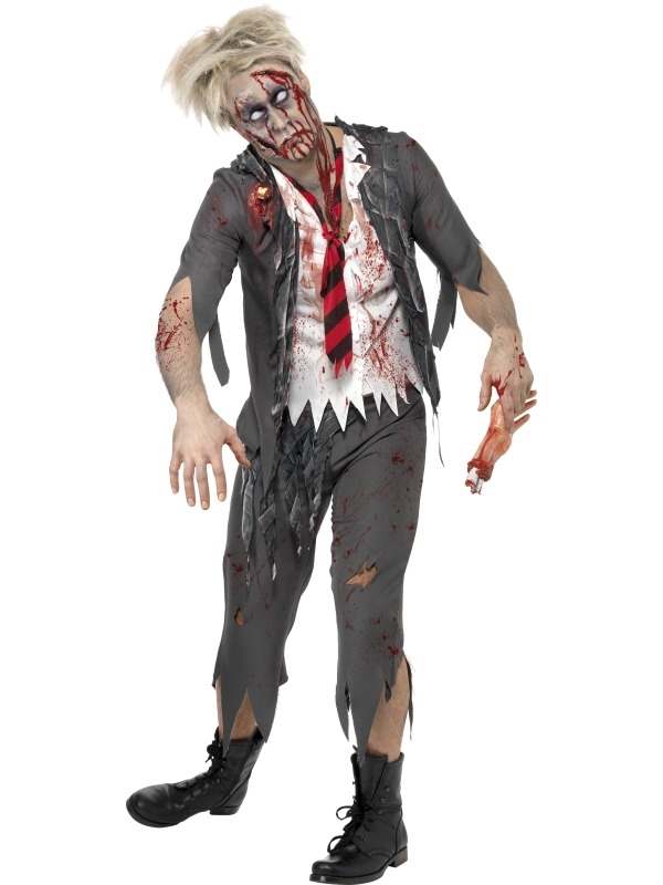 High School Horror Zombie School Boy Kostuum, bestaande uit het gescheurde jasje met shirt en stropdas en broek. We verkopen de halloween horror schmink setjes, contaclenzen en accessoires los. 