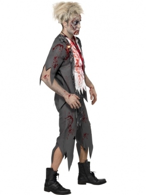 High School Horror Zombie School Boy Kostuum, bestaande uit het gescheurde jasje met shirt en stropdas en broek. We verkopen de halloween horror schmink setjes, contaclenzen en accessoires los. 