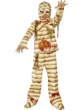 Halloween Mummy Jongens Kostuum. Compleet Halloween kostuum met mummy shirt en mummy broek, handschoenen, masker en hoezen voor over de schoenen. 