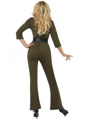 Top Gun Aviator Licentie verkleedkleding. Dit kostuum bestaat uit een groene zip-up jumpsuit met geborduurde badges op de borst en armen en zwarte riem met een metalen gesp. Verkrijgbaar in verschillende maten. Ook verkopen wij het bijpassende heren kostuum in onze webwinkel.