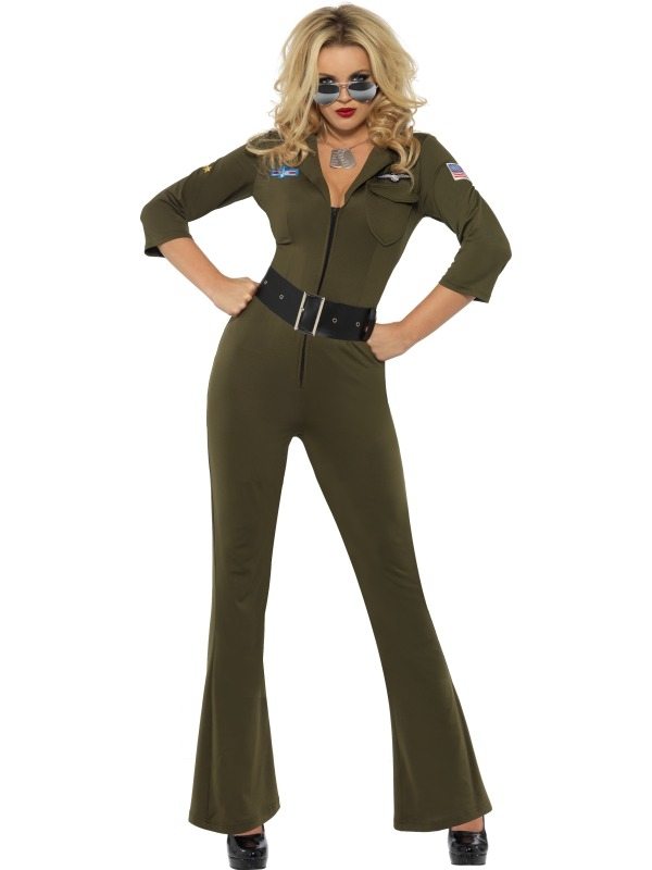 Top Gun Aviator Licentie verkleedkleding. Dit kostuum bestaat uit een groene zip-up jumpsuit met geborduurde badges op de borst en armen en zwarte riem met een metalen gesp. Verkrijgbaar in verschillende maten. Ook verkopen wij het bijpassende heren kostuum in onze webwinkel.