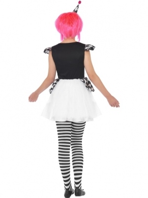 Pierrot Clown Tiener Verkleedkleding. Inbegrepen is het leuke jurkje en het mini hoedje op diadeem. De panty verkopen we los in onze webshop.