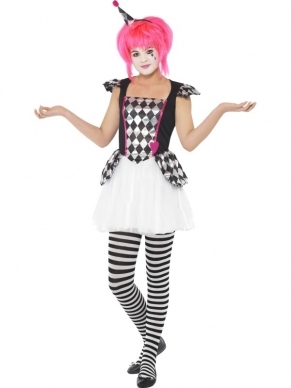Pierrot Clown Tiener Verkleedkleding. Inbegrepen is het leuke jurkje en het mini hoedje op diadeem. De panty verkopen we los in onze webshop.