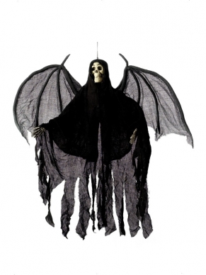 Black Angel Hangend Skelet Halloween Versiering - het skelet is 105 cm groot en is inclusief zwarte cape en vleugels. Leuk voor Halloween of een themafeest!