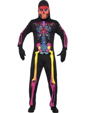 Neon Skeleton Skeletten Heren Kostuum. Inbegrepen is dit complete Halloween kostuum met skelettenprint: broek en shirt met hoody. We verkopen ook het vrouwen kostuum met neon skelettenprint.