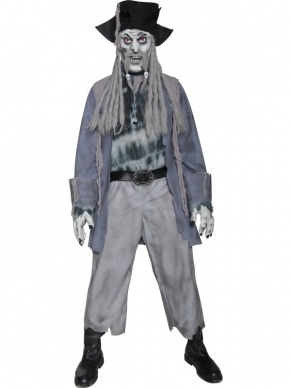 Zombie Ghost Pirate Piraten Heren Kostuum. Inbegrepen is het shirt met het jasje, de broek, de piratenhoed met dreadlocks, het masker en de handschoenen. Gebruik een van onze halloween schmink setjes voor een extra eng effect. 