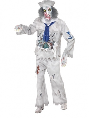 Zombie Sailor Zeeman Halloween Kostuum. Inbegrepen is het zombie matrozen shirt, broek, hoedje met haar, masker en enge handen (handschoenen). Compleet matrozen zeemannen kostuum voor Halloween of horror Feesten.