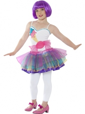 Mini Candy Girl Katy Perry Style Meisjes Kostuum. Wees een echte popster zoals Katy Perry met dit leuke kostuum. Inbegrepen is de jurk en een haarband. De pruik verkopen we los in onze webwinkel.