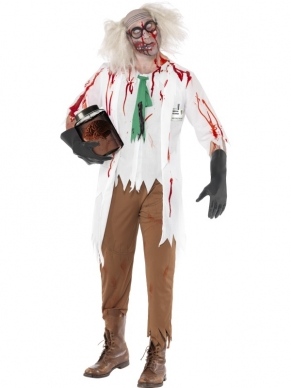 High School Horror Zombie Scheikunde Leraar Kostuum. Inbegrepen is het Jasje met Bloed en Stropdas, naamplaatje en handdschoenen. De pruik verkopen we los en om de look af te maken kunt u het zombie horror schmink setje gebruiken. 