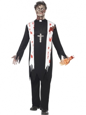 Zombie Priest Halloween Horror Heren Kostuum, bestaande uit het het shirt en de broek, witte sjaal met bloedspatten en latex wond met kruis en de priesterkraag. Maak de look compleet met bijpassende schmink. 