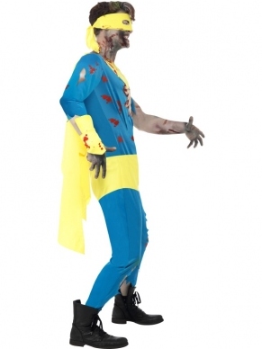 Zombie Superhero Horror Halloween Kostuum. Inbegrepen is de complete bodysuit met bloedvlekken en open borstkast,  oogmasker, handschoen/armband en laarskap. 