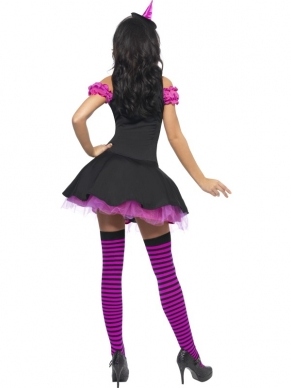 Fever Wicked Witch Roze Zwart Halloween Kostuum. Inbegrpeen is de zwart roze jurk met uitlopende rok (mooi met een petticoat eronder) en klein heksenhoedje op haarband. De kousen en de petticoat verkopen we los. Leuk voor een Halloween of Themafeest. 