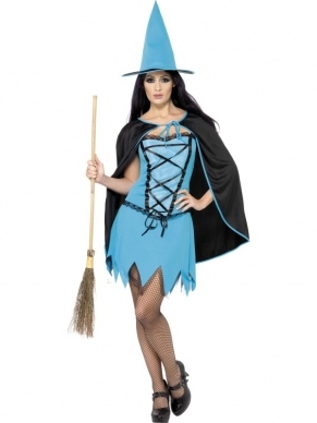 Blauwe Glitter Heksenjurk, Cape en Heksenhoed. Compleet Halloween Heksenkostuum met jurk met afneembare doorzichtige bandjes, Zwarte cape en Heksenhoed. 