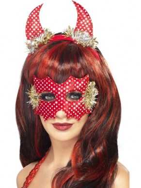 Rode Devildina Hoorntjes en Oogmasker: rode duivel hoorntjes op haarband en rood oogmasker beide met glitter stippen en marabou.