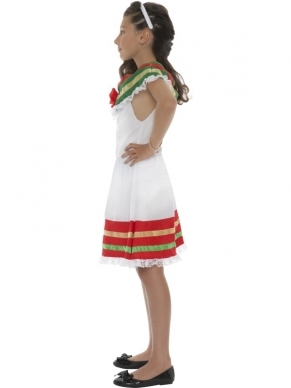 Mexicaans Meisje Verkleedkleding. Inbegrepen is het Mexicaanse jurkje en de haarband met bloem. Verkrijgbaar in verschillende maten.