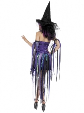 Naughty Witch Stoute Heks Halloween Kostuum. Inbegrepen is de paarse heksenjuk met laagjes, de armstukken en de heksenhoed. 