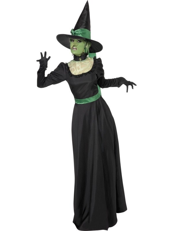 Wicked Witch Heksenkostuum Halloween. Inbegrepen is de lange heksenjurk met groen zwarte Heksenhoed. 