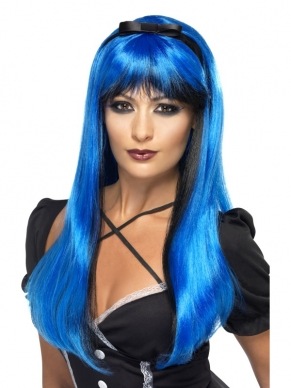 Bewitching Blauw Zwarte Heksen Pruik Halloween: lange pruik met stijl haar en pony. Deze pruik is ook verkrijgbaar in andere kleuren.