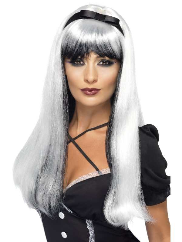 Bewitching Zilver Zwarte Heksen Pruik Halloween: lange pruik met stijl haar en pony. Deze pruik is ook verkrijgbaar in andere kleuren.