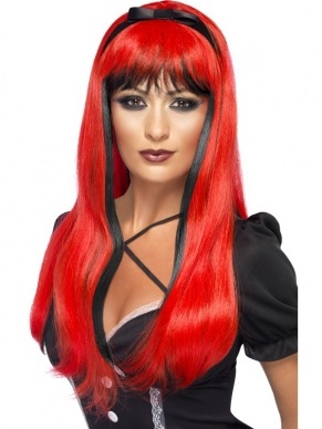 Bewitching Rood Zwarte Heksen Pruik Halloween: lange pruik met stijl haar en pony. Deze pruik is ook verkrijgbaar in andere kleuren.