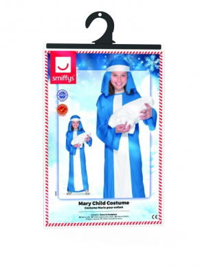 Maria Moeder van Jezus Meisjes Kostuum - lange wit - blauwe jurk, inclusief hoofddoek.