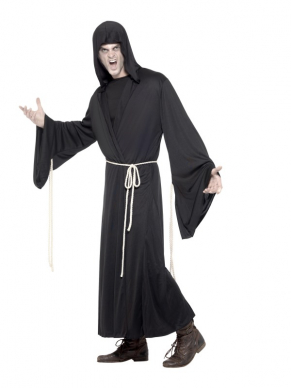 Grim Reaper Magere Hein Halloween Kostuum. Inbegrepen is het lange zwarte gewaad en de riem (touw). Het masker verkopen we los met korting. 