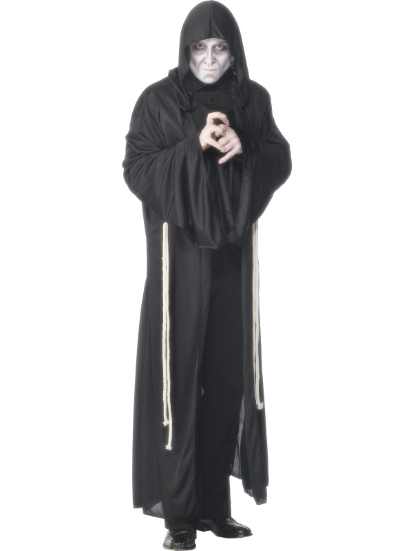 Grim Reaper Magere Hein Halloween Kostuum. Inbegrepen is het lange zwarte gewaad en de riem (touw). Het masker verkopen we los met korting. 