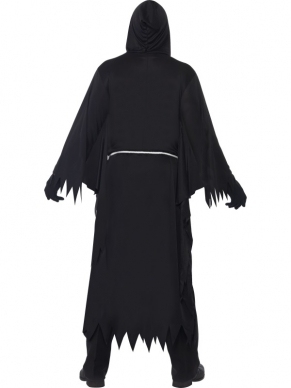 Magere Hein Halloween Kostuum met Masker, bestaande uit het zwarte gewaad met hood, die riem en het masker. Compleet kostuum. 