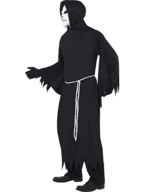 Magere Hein Halloween Kostuum met Masker, bestaande uit het zwarte gewaad met hood, die riem en het masker. Compleet kostuum. 
