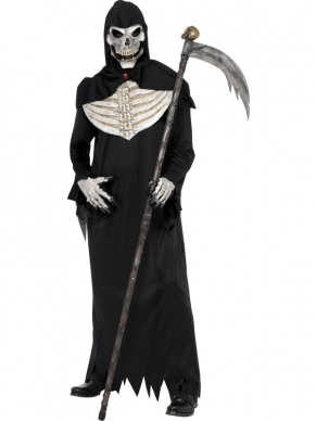 Deluxe Grim Reaper Magere Hein Kostuum. Inbegrepen is het zwarte gewaad met latex borststuk, de cape en het masker. Compleet kostuum. Eng horror halloween kostuum. 