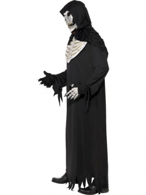 Deluxe Grim Reaper Magere Hein Kostuum. Inbegrepen is het zwarte gewaad met latex borststuk, de cape en het masker. Compleet kostuum. Eng horror halloween kostuum. 
