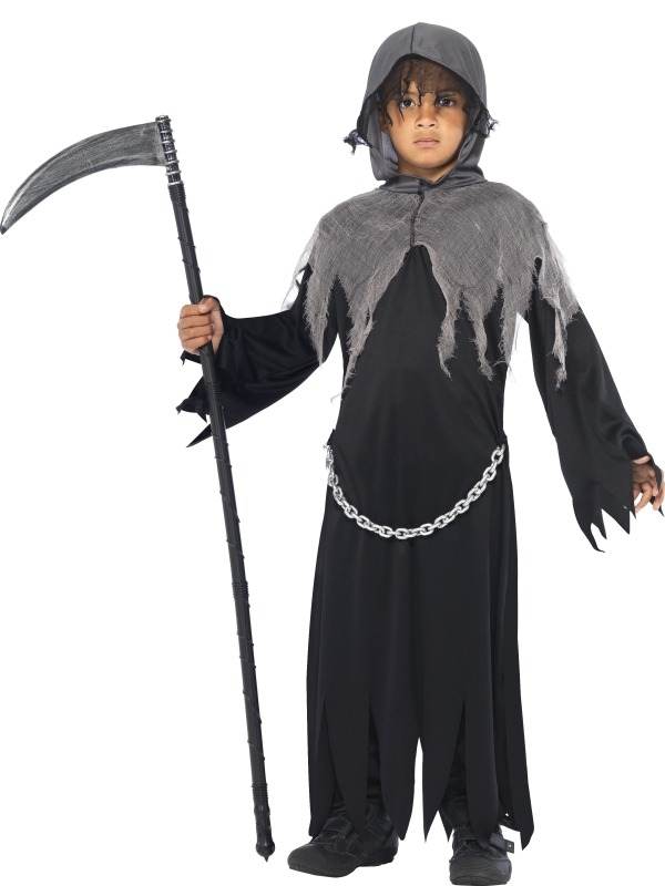 Magere Hein Halloween Kinder Verkleedkostuum. Dit kostuum bestaat uit het lange zwarte gewaad met hoody. Met dit kostuum ben je in 1 keer klaar voor jouw Halloweenparty.