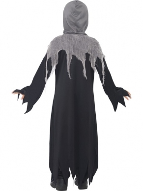 Magere Hein Halloween Kinder Verkleedkostuum. Dit kostuum bestaat uit het lange zwarte gewaad met hoody. Met dit kostuum ben je in 1 keer klaar voor jouw Halloweenparty.
