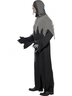 Magere Hein Heren Halloween Kostuum Met Ketting, bestaande uit het lange zwarte gewaad met hood en ketting. De zeis en maskers verkopen we los. 