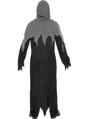 Magere Hein Heren Halloween Kostuum Met Ketting, bestaande uit het lange zwarte gewaad met hood en ketting. De zeis en maskers verkopen we los. 