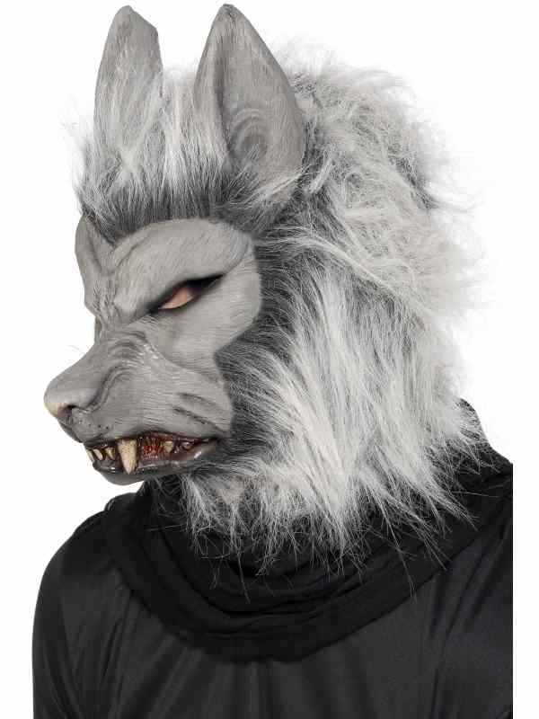 Grijs Weerwolf Halloween Masker met Haar. Dit masker gaat over uw hele hoofd.