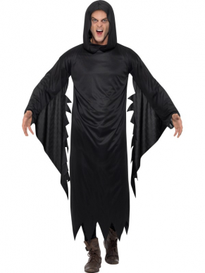 Screamer Horror Halloween Kostuum, bestaande uit het lange zwarte gewaad met hoody. Maskers en de zeis verkopen we los. 