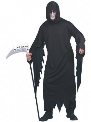 Screamer Horror Halloween Kostuum, bestaande uit het lange zwarte gewaad met hoody. Maskers en de zeis verkopen we los. 