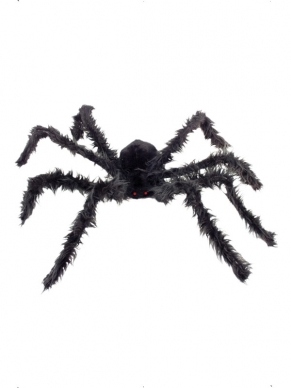 Grote Harige Zwarte Spin met Lichtjes - de spin is 102 cm groot en de oogjes geven licht (kan handmatig worden aan- en uitgezet). Leuk voor Halloween of een themafeest!