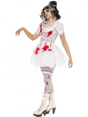 Horror Dolita Pop Halloween Dames Kostuum. Inbegrepen is de witte jurk met rode bloedvlekken en het oogkapje met bloed. De kousen en de pruik verkopen we los. Leuk voor Halloween of andere horror feesten. 
