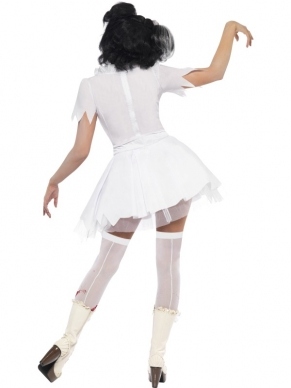 Horror Dolita Pop Halloween Dames Kostuum. Inbegrepen is de witte jurk met rode bloedvlekken en het oogkapje met bloed. De kousen en de pruik verkopen we los. Leuk voor Halloween of andere horror feesten. 