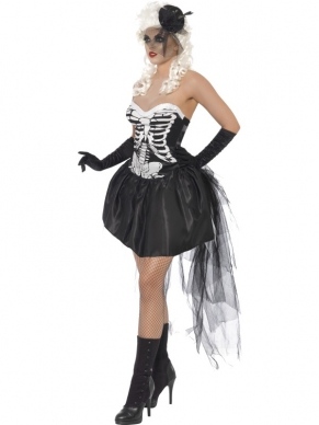 Skelly Von Trap Skeletten Halloween Jurk. Inbegrepen is de mooie strapless jurk met skelettenprint met stukjes netting. 