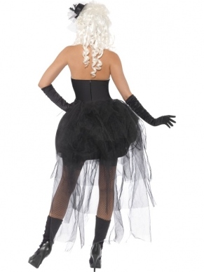 Skelly Von Trap Skeletten Halloween Jurk. Inbegrepen is de mooie strapless jurk met skelettenprint met stukjes tule. 